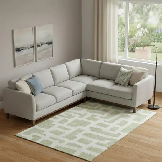 Artichoke Green And Ivory Abstract Geometric Washable Area Rug With UV Protection Photo 1