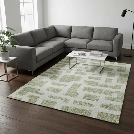 Artichoke Green And Ivory Abstract Geometric Washable Area Rug With UV Protection Photo 2
