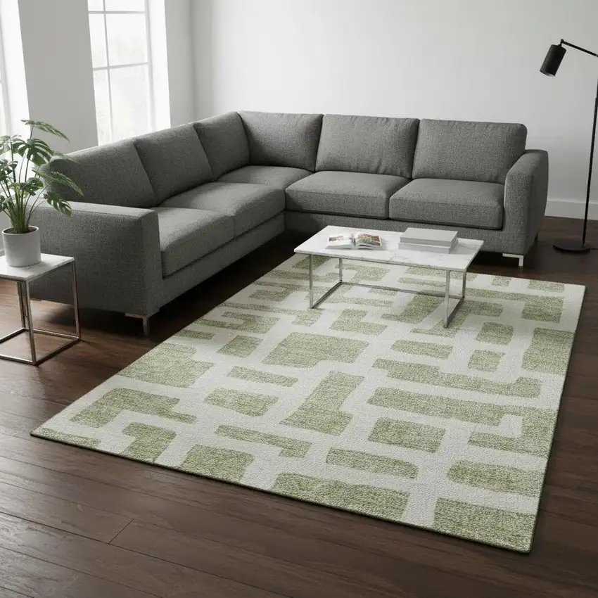 Artichoke Green And Ivory Abstract Geometric Washable Area Rug With UV Protection Photo 2