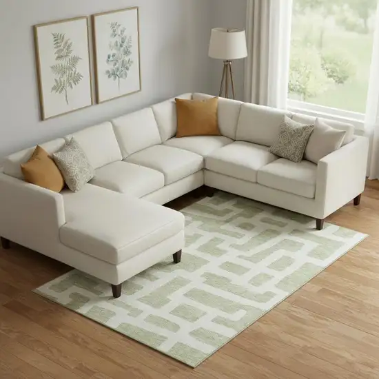 Artichoke Green And Ivory Abstract Geometric Washable Area Rug With UV Protection Photo 1