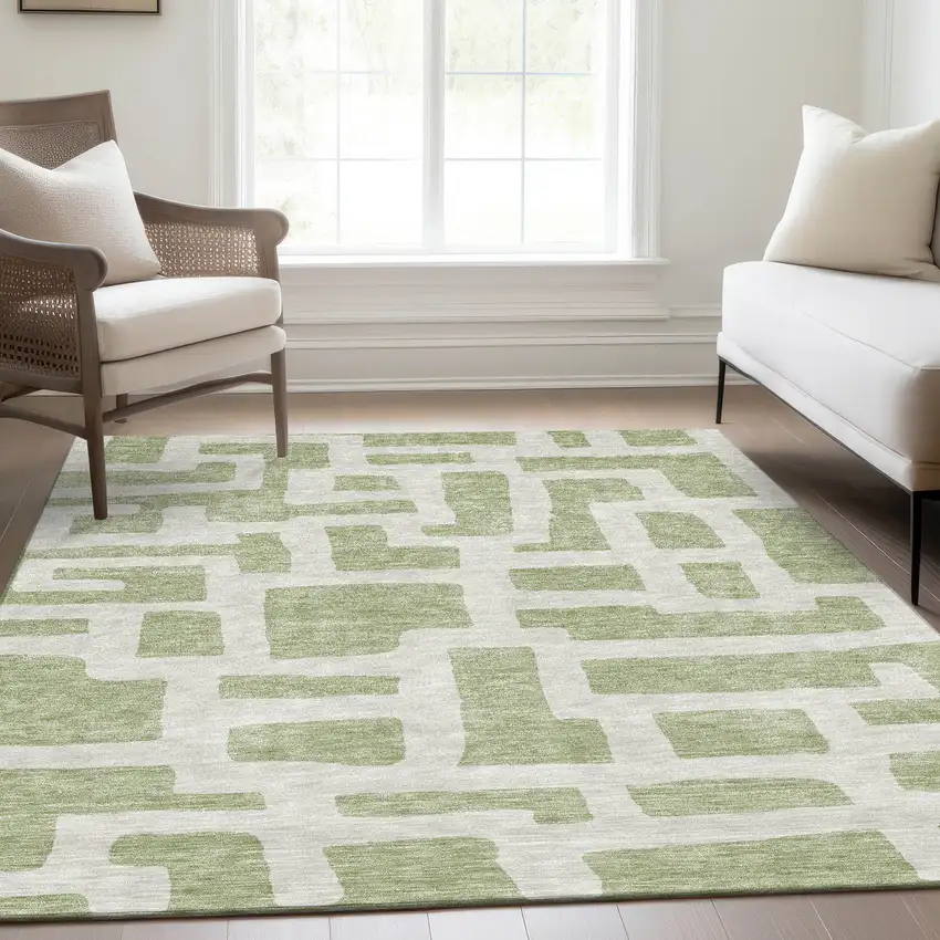 Artichoke Green And Ivory Abstract Geometric Washable Area Rug With UV Protection Photo 6