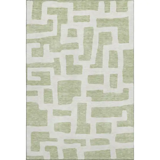 Artichoke Green And Ivory Abstract Geometric Washable Area Rug With UV Protection Photo 1