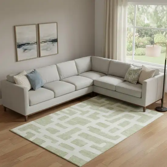 Artichoke Green And Ivory Abstract Geometric Washable Area Rug With UV Protection Photo 1