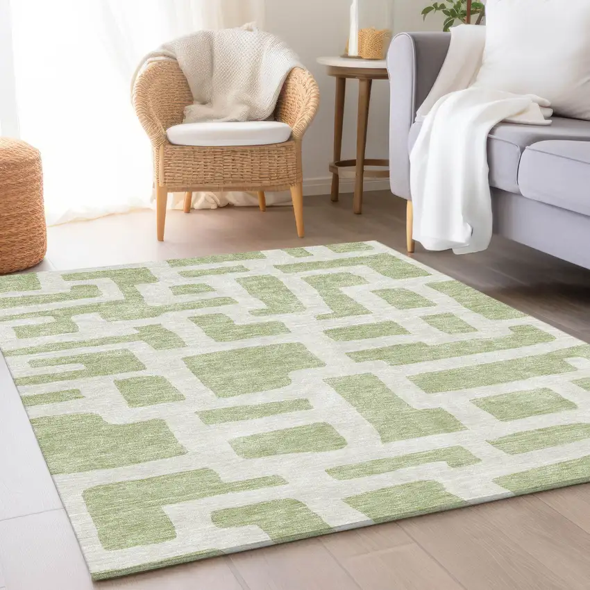 Artichoke Green And Ivory Abstract Geometric Washable Area Rug With UV Protection Photo 5