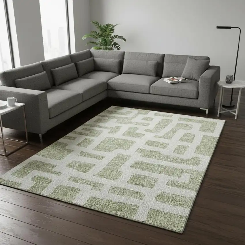 Artichoke Green And Ivory Abstract Geometric Washable Area Rug With UV Protection Photo 2
