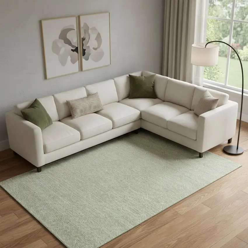 Artichoke Green And Ivory Abstract Geometric Washable Area Rug With UV Protection Photo 1