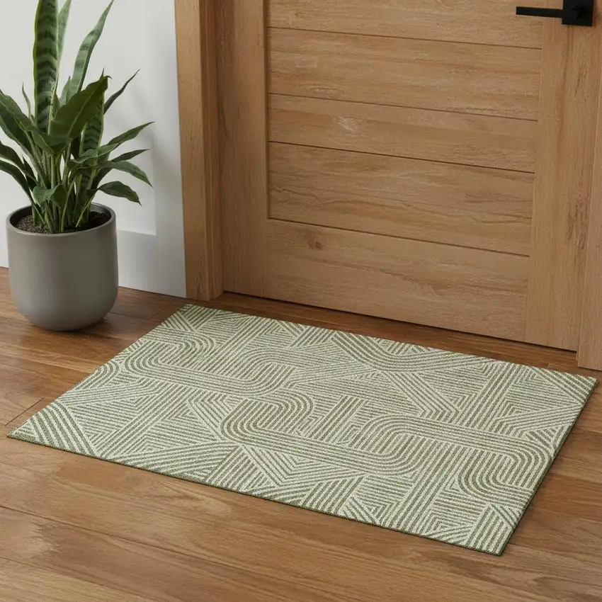 Artichoke Green And Ivory Abstract Geometric Washable Area Rug With UV Protection Photo 1
