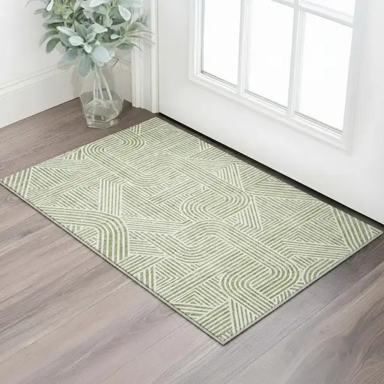 Artichoke Green And Ivory Abstract Geometric Washable Area Rug With UV Protection Photo 2