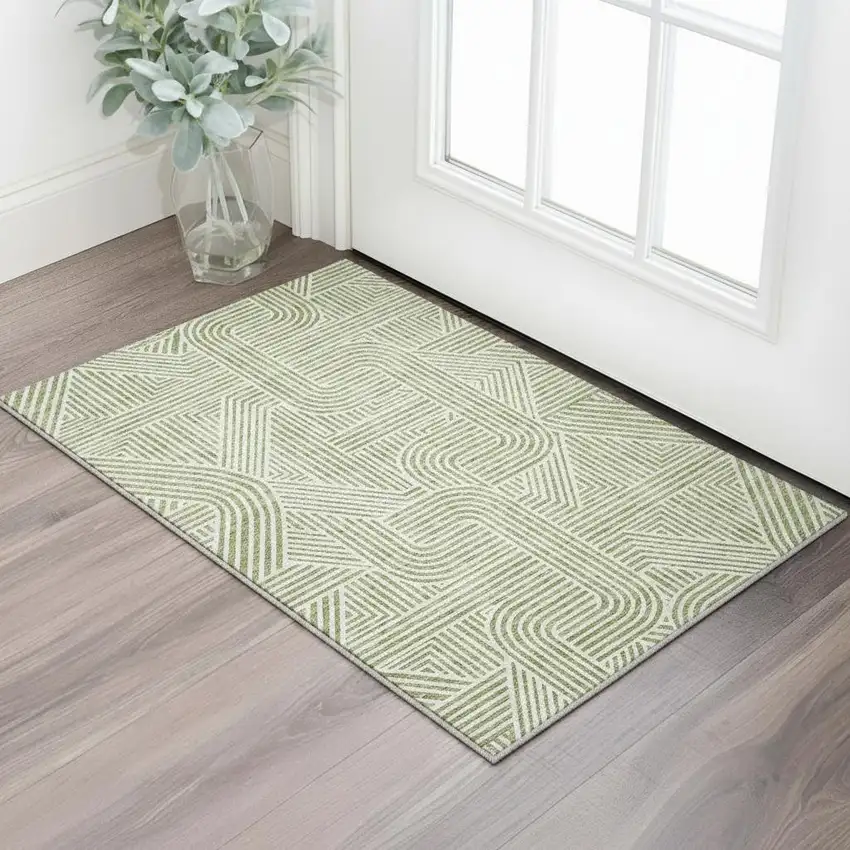 Artichoke Green And Ivory Abstract Geometric Washable Area Rug With UV Protection Photo 2