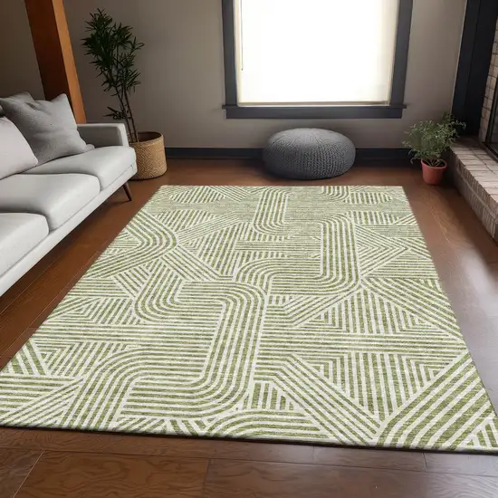 Artichoke Green And Ivory Abstract Geometric Washable Area Rug With UV Protection Photo 6
