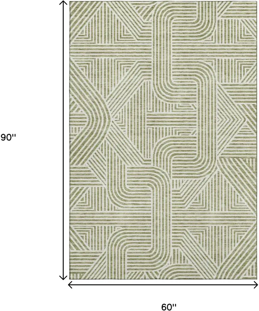 Artichoke Green And Ivory Abstract Geometric Washable Area Rug With UV Protection Photo 3