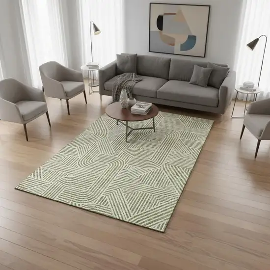 Artichoke Green And Ivory Abstract Geometric Washable Area Rug With UV Protection Photo 2
