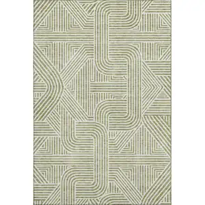 Photo of Artichoke Green And Ivory Abstract Geometric Washable Area Rug With UV Protection