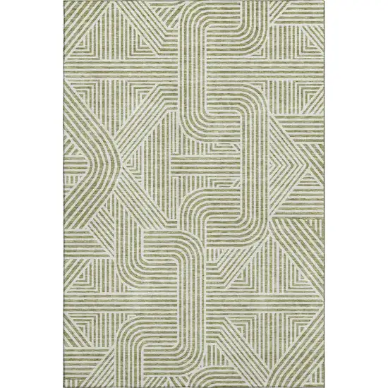 Artichoke Green And Ivory Abstract Geometric Washable Area Rug With UV Protection Photo 1