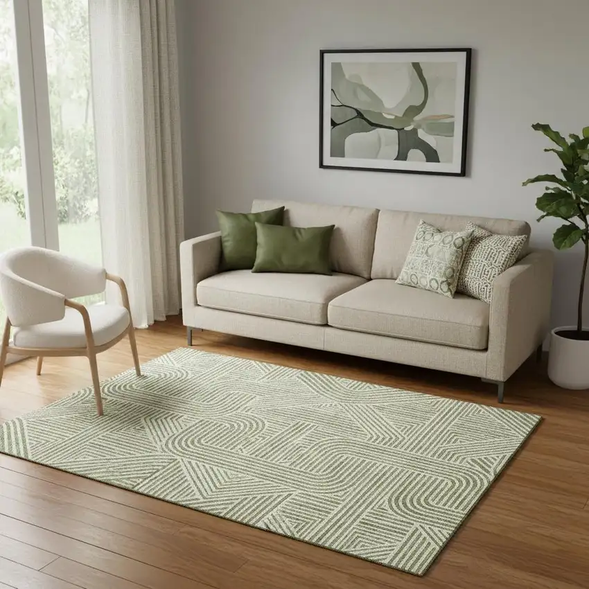 Artichoke Green And Ivory Abstract Geometric Washable Area Rug With UV Protection Photo 1