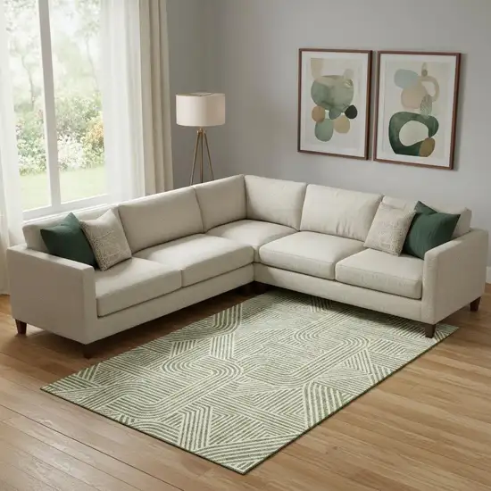 Artichoke Green And Ivory Abstract Geometric Washable Area Rug With UV Protection Photo 1