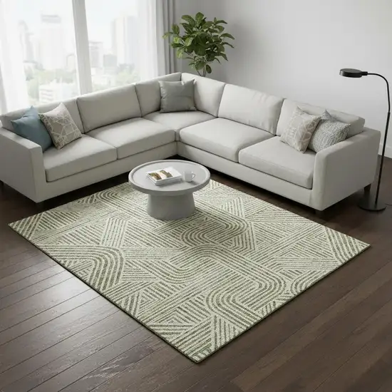 Artichoke Green And Ivory Abstract Geometric Washable Area Rug With UV Protection Photo 2