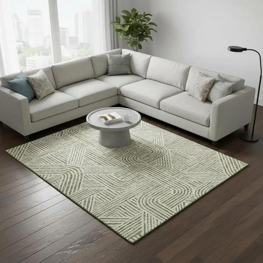 Artichoke Green And Ivory Abstract Geometric Washable Area Rug With UV Protection Photo 2