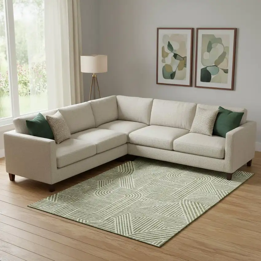 Artichoke Green And Ivory Abstract Geometric Washable Area Rug With UV Protection Photo 1
