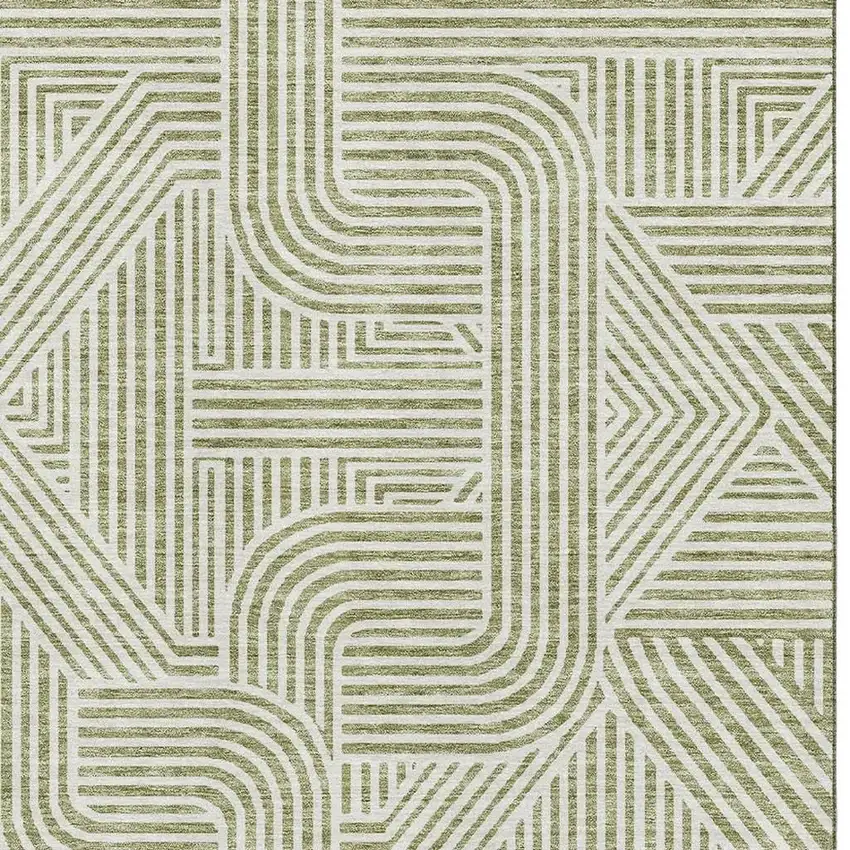Artichoke Green And Ivory Abstract Geometric Washable Area Rug With UV Protection Photo 3