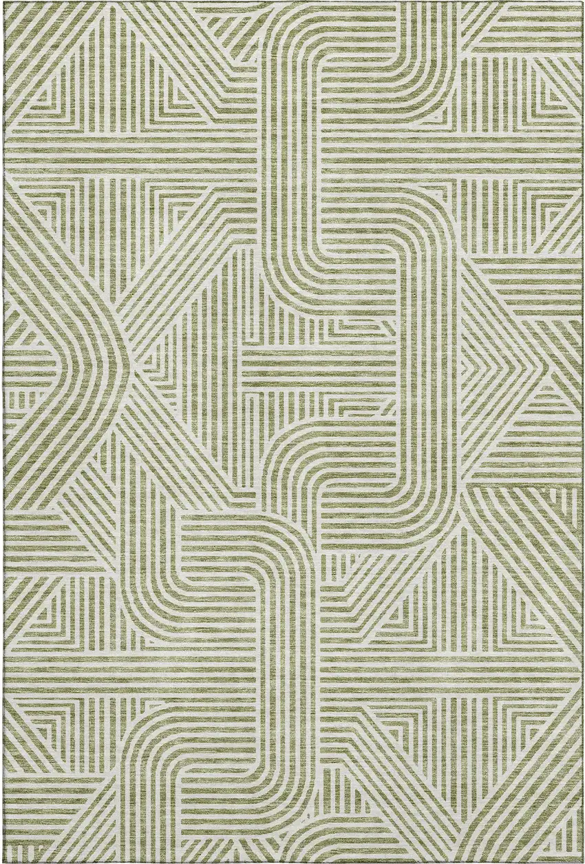 Artichoke Green And Ivory Abstract Geometric Washable Area Rug With UV Protection Photo 1