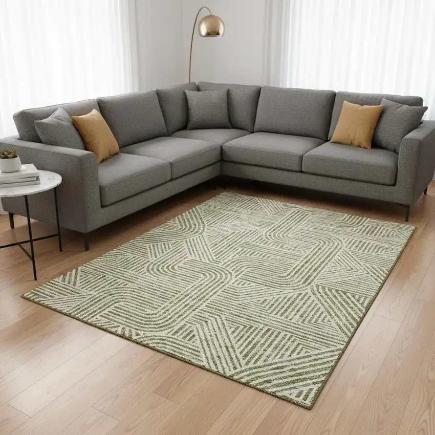 Artichoke Green And Ivory Abstract Geometric Washable Area Rug With UV Protection Photo 2