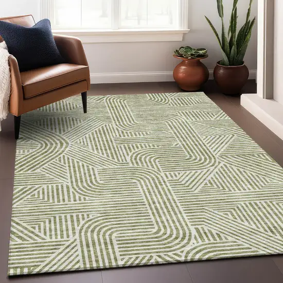 Artichoke Green And Ivory Abstract Geometric Washable Area Rug With UV Protection Photo 5