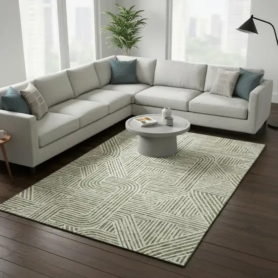 Artichoke Green And Ivory Abstract Geometric Washable Area Rug With UV Protection Photo 2