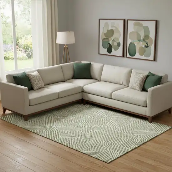 Artichoke Green And Ivory Abstract Geometric Washable Area Rug With UV Protection Photo 1