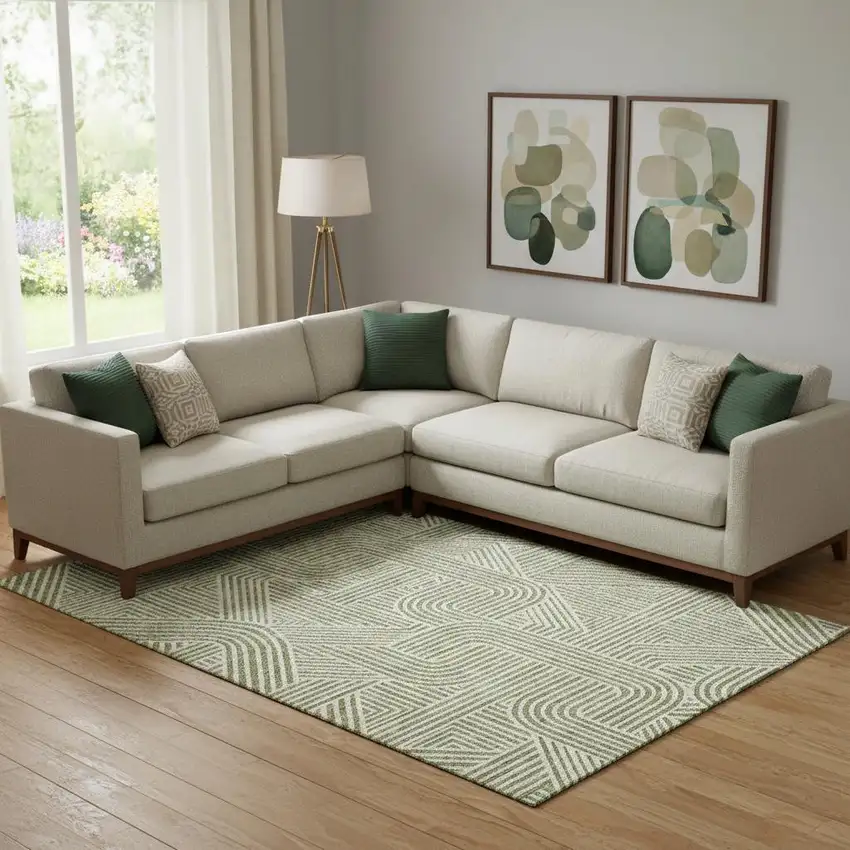 Artichoke Green And Ivory Abstract Geometric Washable Area Rug With UV Protection Photo 1