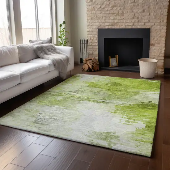 Artichoke Green And Ivory Abstract Washable Area Rug With UV Protection Photo 7