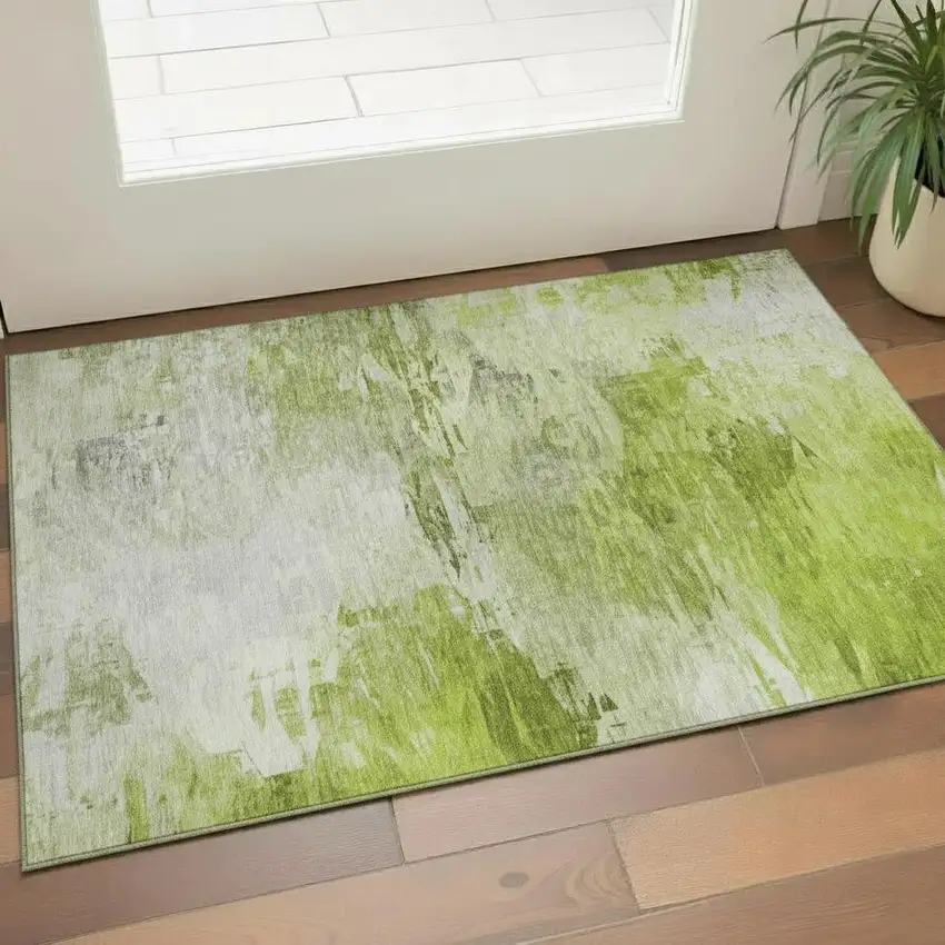 Artichoke Green And Ivory Abstract Washable Area Rug With UV Protection Photo 1