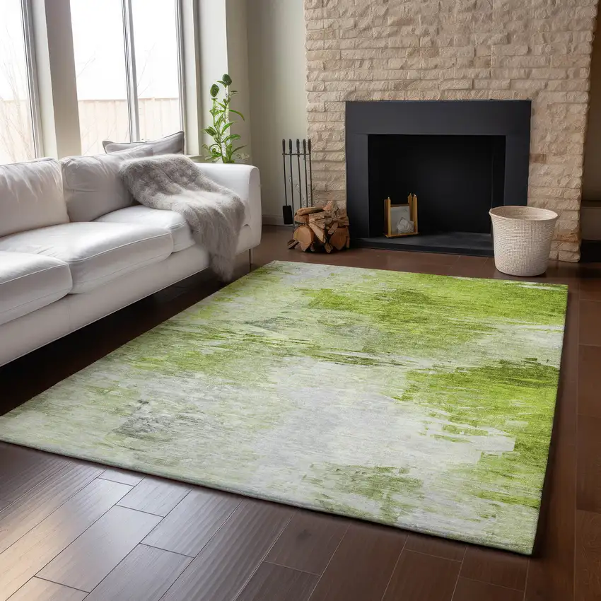Artichoke Green And Ivory Abstract Washable Area Rug With UV Protection Photo 5