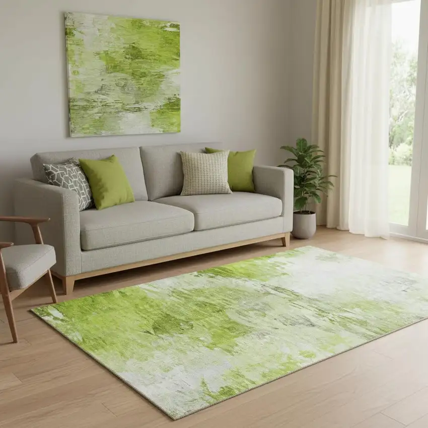 Artichoke Green And Ivory Abstract Washable Area Rug With UV Protection Photo 1