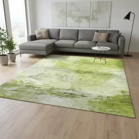 Artichoke Green And Ivory Abstract Washable Area Rug With UV Protection Photo 2