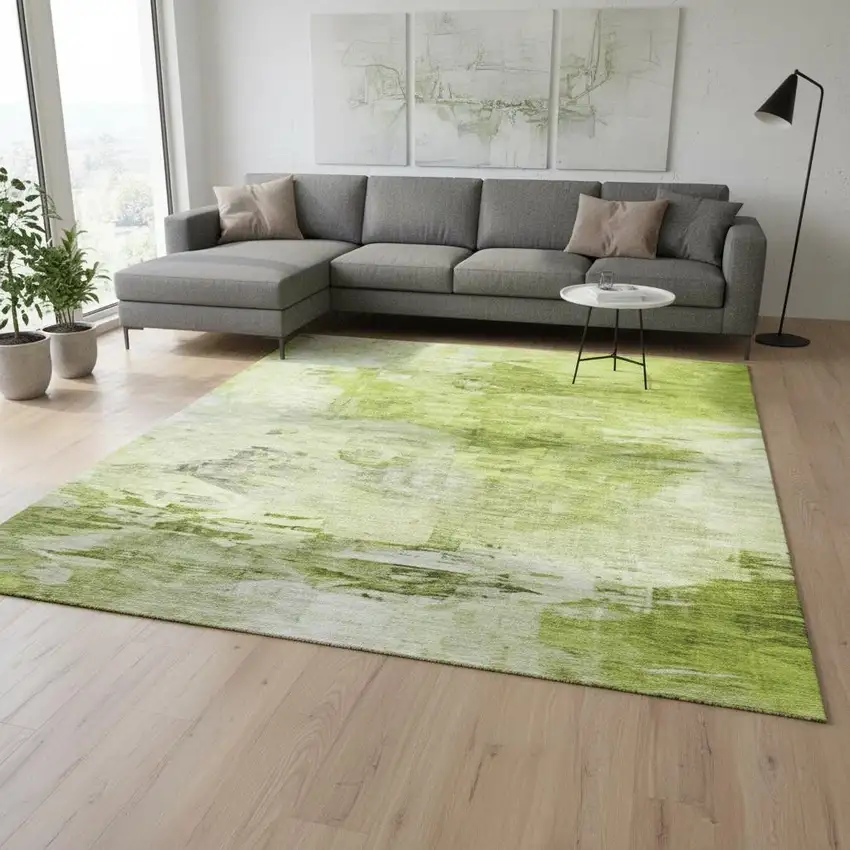 Artichoke Green And Ivory Abstract Washable Area Rug With UV Protection Photo 2