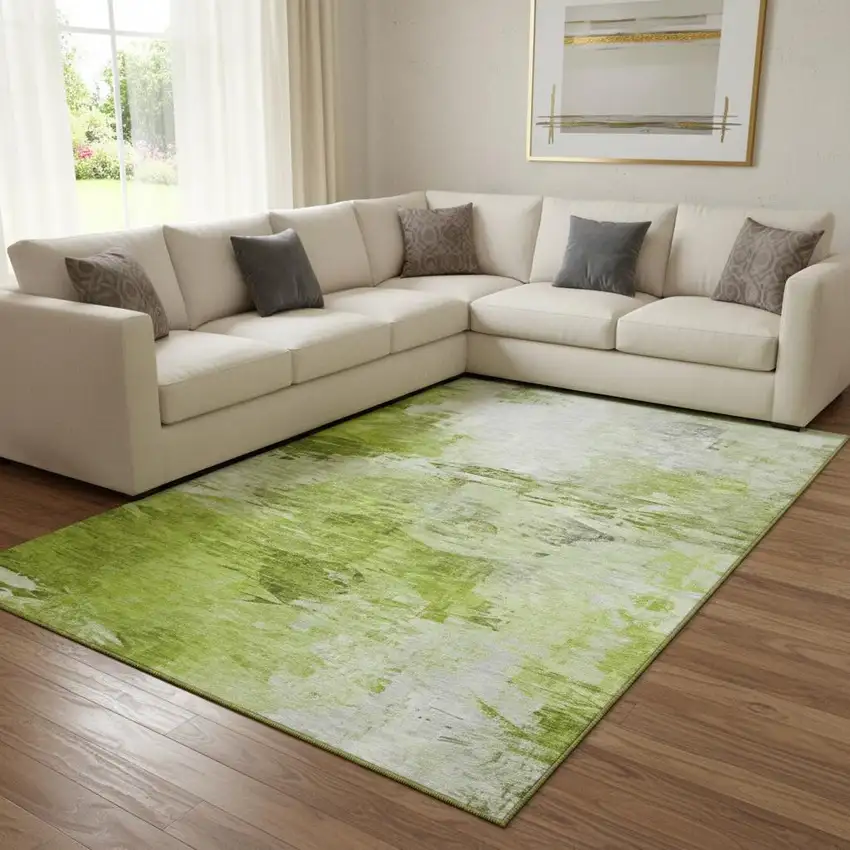 Artichoke Green And Ivory Abstract Washable Area Rug With UV Protection Photo 1