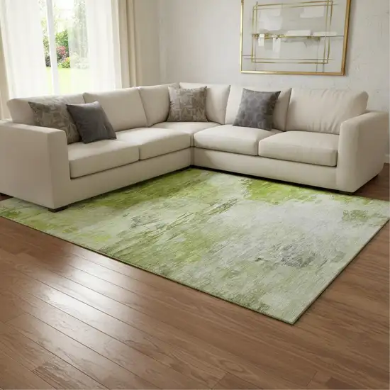 Artichoke Green And Ivory Abstract Washable Area Rug With UV Protection Photo 1