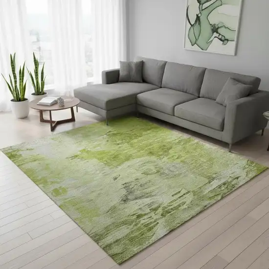 Artichoke Green And Ivory Abstract Washable Area Rug With UV Protection Photo 2
