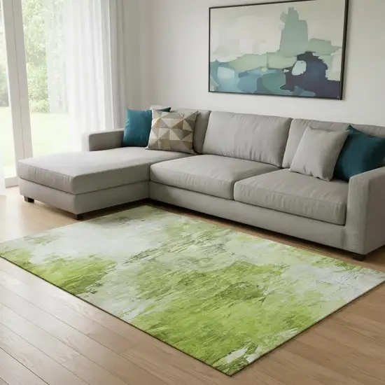Artichoke Green And Ivory Abstract Washable Area Rug With UV Protection Photo 1