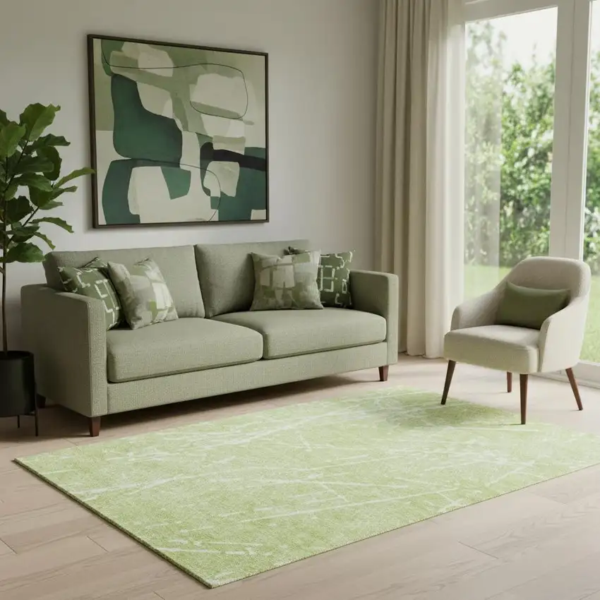 Artichoke Green And Ivory Abstract Washable Area Rug With UV Protection Photo 1