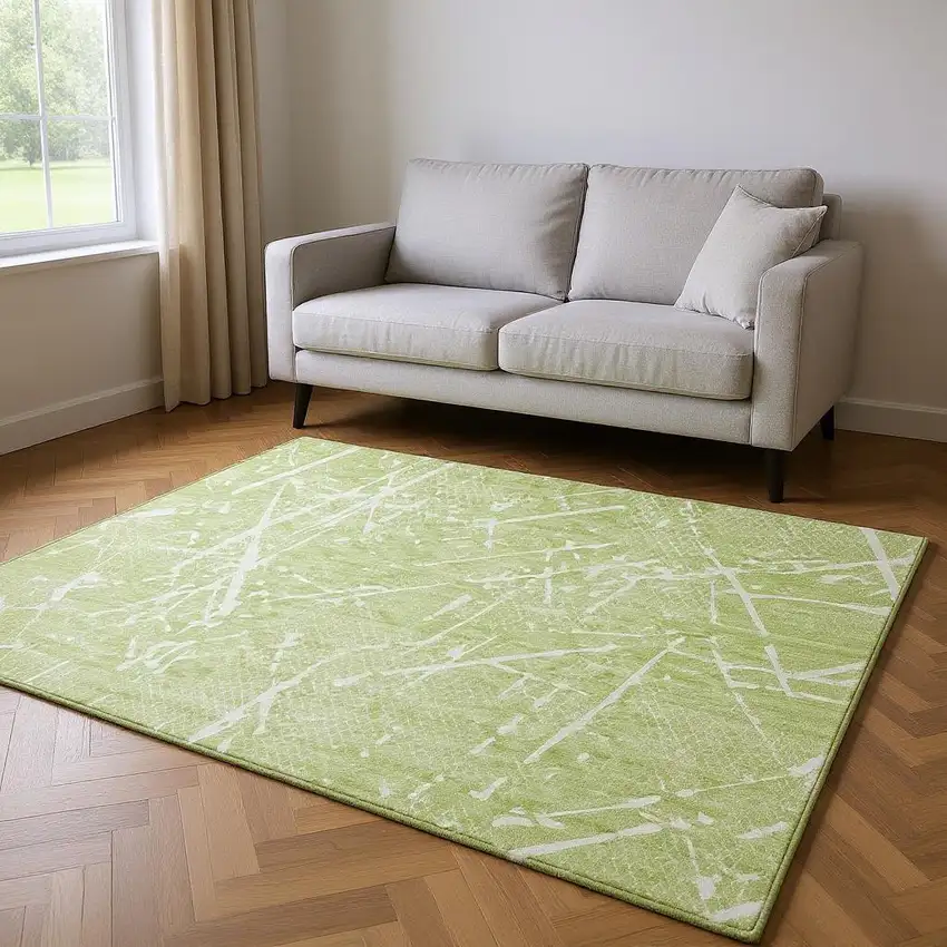 Artichoke Green And Ivory Abstract Washable Area Rug With UV Protection Photo 2