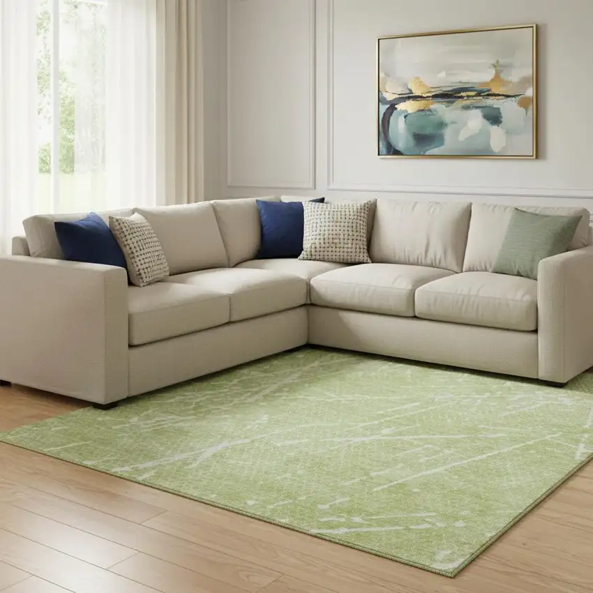 Artichoke Green And Ivory Abstract Washable Area Rug With UV Protection Photo 1