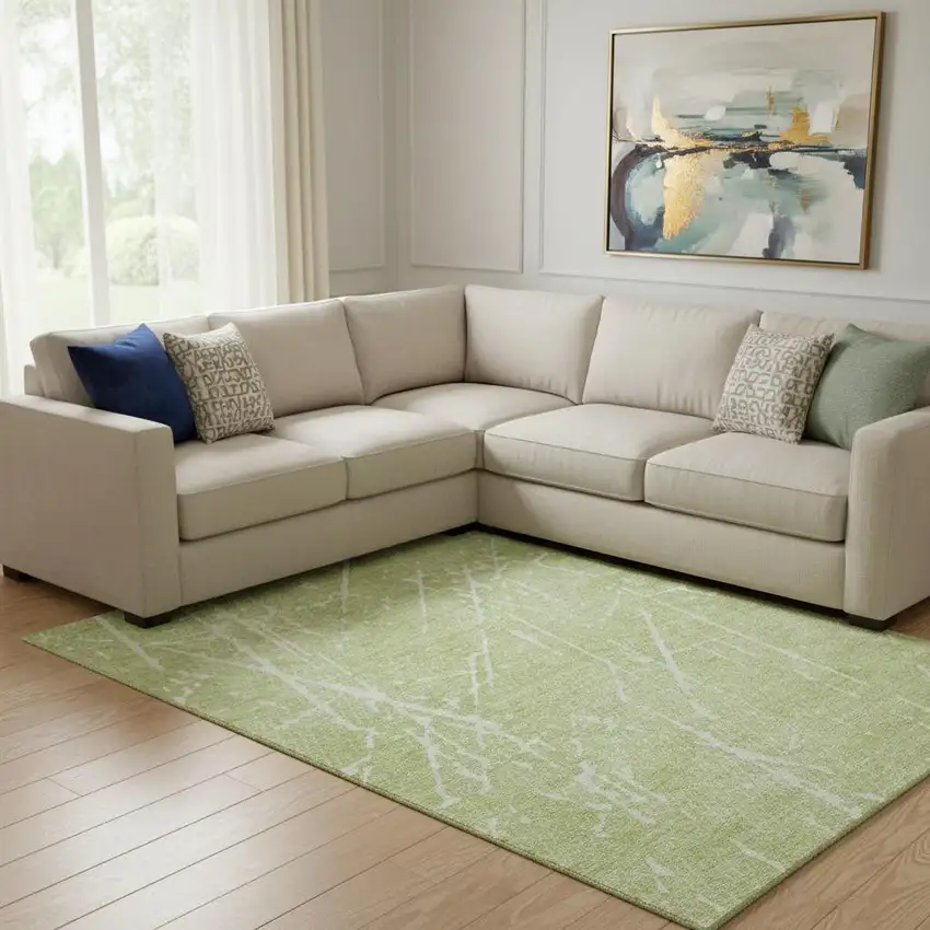 Artichoke Green And Ivory Abstract Washable Area Rug With UV Protection Photo 1