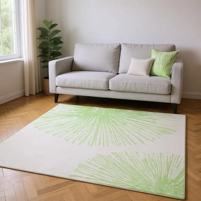Artichoke Green And Ivory Abstract Washable Area Rug With UV Protection Photo 2