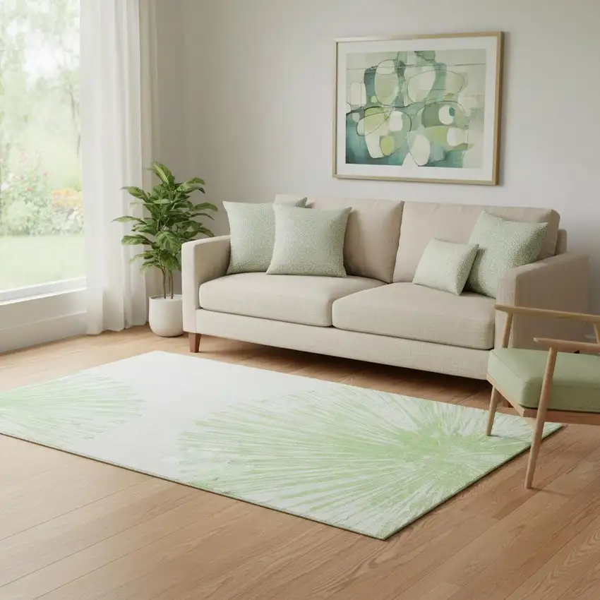 Artichoke Green And Ivory Abstract Washable Area Rug With UV Protection Photo 1