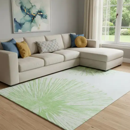 Artichoke Green And Ivory Abstract Washable Area Rug With UV Protection Photo 1