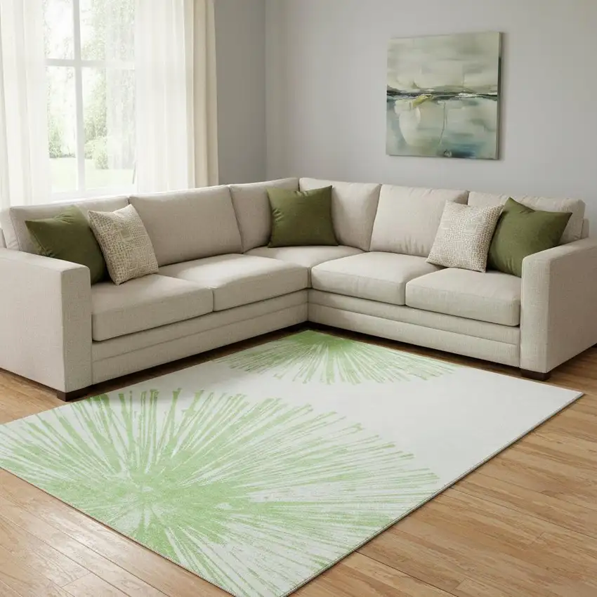 Artichoke Green And Ivory Abstract Washable Area Rug With UV Protection Photo 3
