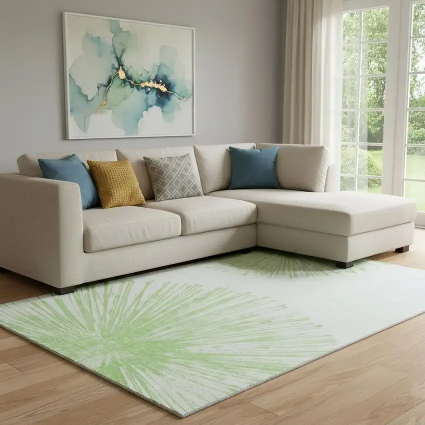 Artichoke Green And Ivory Abstract Washable Area Rug With UV Protection Photo 1