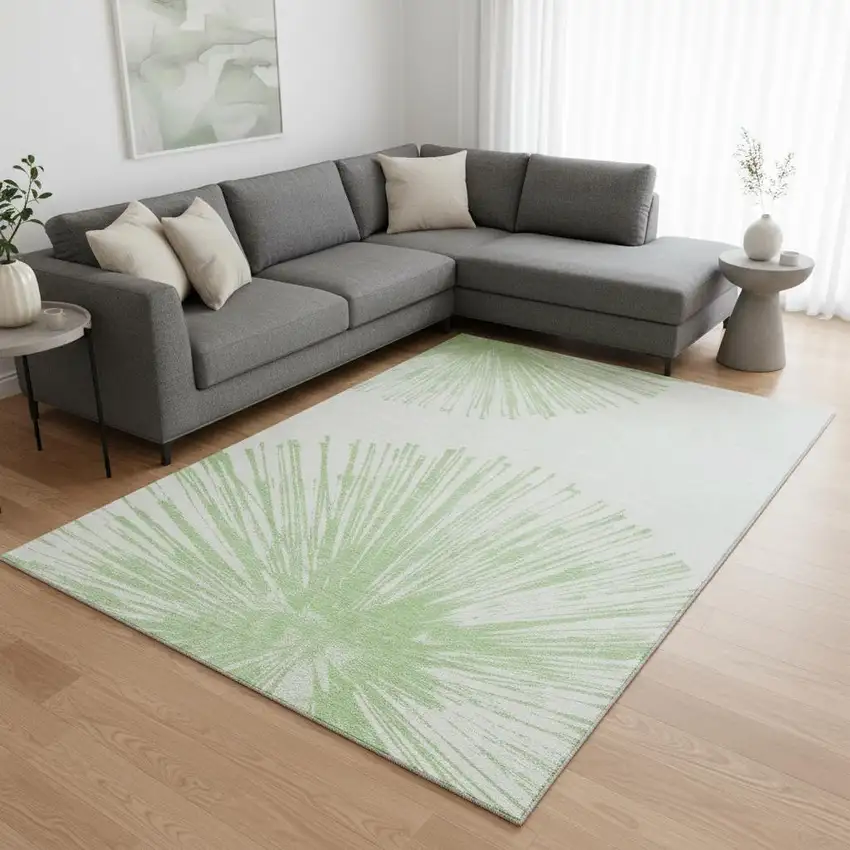 Artichoke Green And Ivory Abstract Washable Area Rug With UV Protection Photo 2